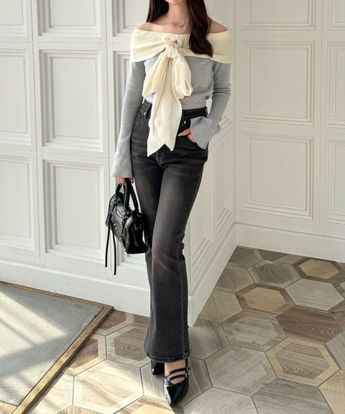 clear（クリア）の「オフショルニットリボントップス[スタイルアップ 大人フェミニン]≪再入荷≫（ニット/セーター・レディース・ブラック/グレー/ピンク/ミント・F）」の8枚目の写真