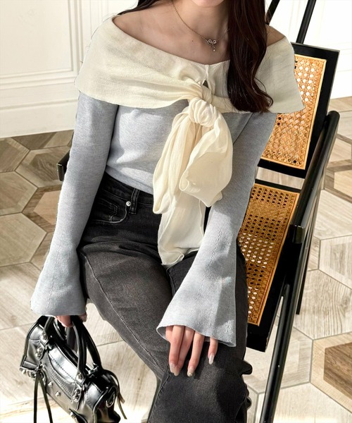 clear（クリア）の「オフショルニットリボントップス[スタイルアップ 大人フェミニン]≪再入荷≫（ニット/セーター・レディース・ブラック/グレー/ピンク/ミント・F）」の7枚目の写真