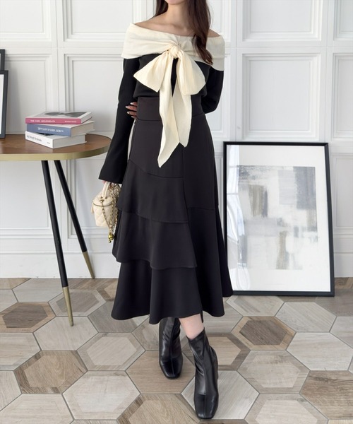 clear（クリア）の「オフショルニットリボントップス[スタイルアップ 大人フェミニン]≪再入荷≫（ニット/セーター・レディース・ブラック/グレー/ピンク/ミント・F）」の5枚目の写真