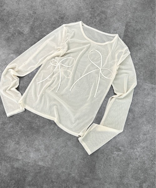 jiasecond.(ジアセカンド)の「【jiasecond.】リボン刺繍シアープルオーバー / トップス カットソー シースルーメッシュ クルーネック 長袖 レイヤード ブラック チャコール アイボリー ZOZOTOWN限定(Tシャツ/カットソー・レディース・ブラック/アイボリー/チャコールグレー・FREE)」の18枚目の写真