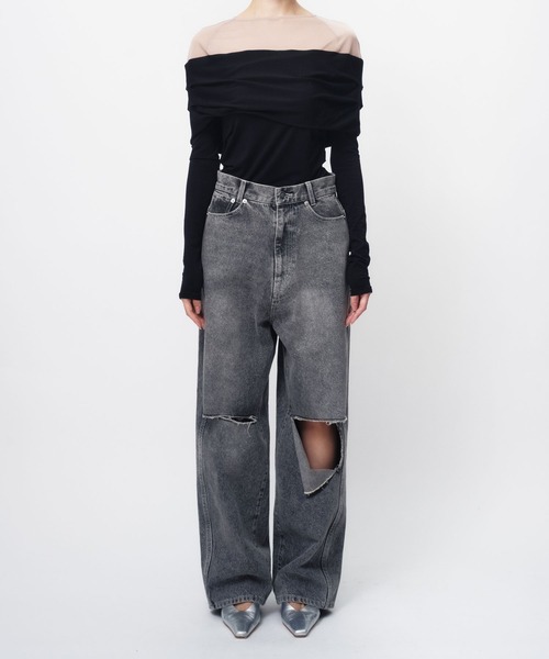 THINGS THAT MATTER(シングス ザット マター)の「PRETENSE OFF-SHOULDER TOPS / プリテンスオフショルダートップス(Tシャツ/カットソー・レディース・グレー/ブラック・FREE)」の6枚目の写真