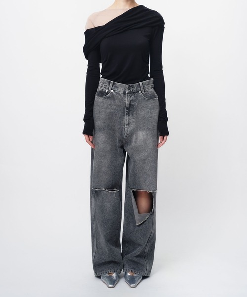 THINGS THAT MATTER(シングス ザット マター)の「PRETENSE OFF-SHOULDER TOPS / プリテンスオフショルダートップス(Tシャツ/カットソー・レディース・グレー/ブラック・FREE)」の5枚目の写真