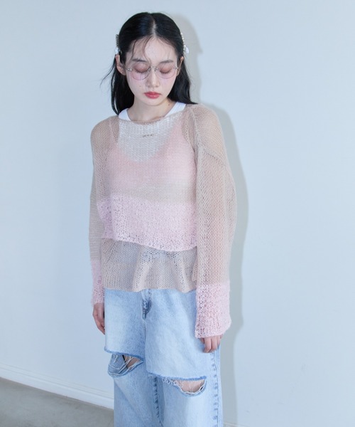 HONEY MI HONEY（ハニーミーハニー）の「crochet border cropped knit（ニット/セーター・レディース・サックスブルー/グレー/ベージュ・FREE）」の19枚目の写真