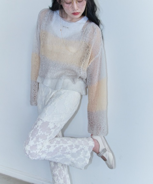 HONEY MI HONEY（ハニーミーハニー）の「crochet border cropped knit（ニット/セーター・レディース・サックスブルー/グレー/ベージュ・FREE）」の14枚目の写真