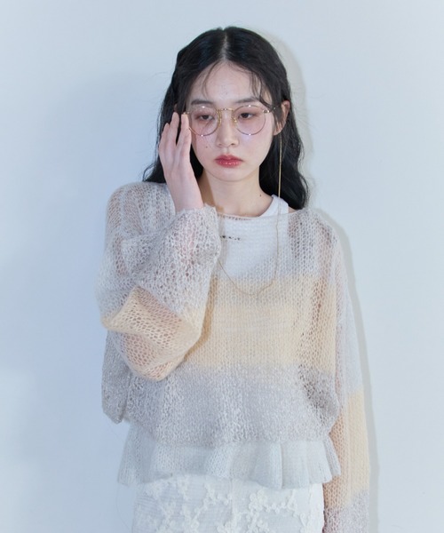 HONEY MI HONEY（ハニーミーハニー）の「crochet border cropped knit（ニット/セーター・レディース・サックスブルー/グレー/ベージュ・FREE）」の4枚目の写真
