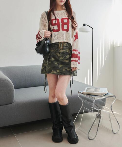 WEGO(ウィゴー)の「WEGO/ナンバリングメッシュショートニット(ニット/セーター・レディース・レッド/ブラック・FREE)」の4枚目の写真