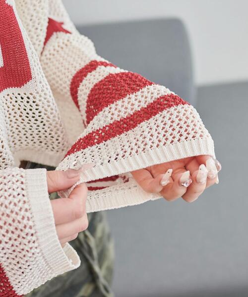 WEGO(ウィゴー)の「WEGO/ナンバリングメッシュショートニット(ニット/セーター・レディース・レッド/ブラック・FREE)」の5枚目の写真