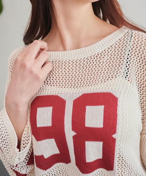 WEGO(ウィゴー)の「WEGO/ナンバリングメッシュショートニット(ニット/セーター・レディース・レッド/ブラック・FREE)」の6枚目の写真