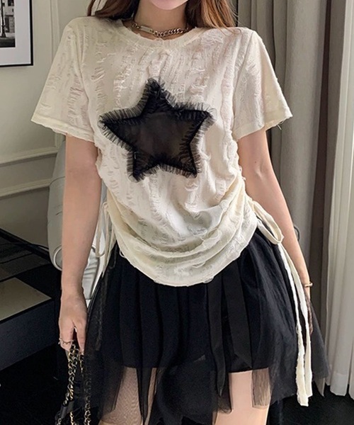 Lace Ladies(レースレディース)の「スター モチーフ ダメージ サイドシャーリング Tシャツ(Tシャツ/カットソー・レディース・アイボリー・M/XL)」の7枚目の写真