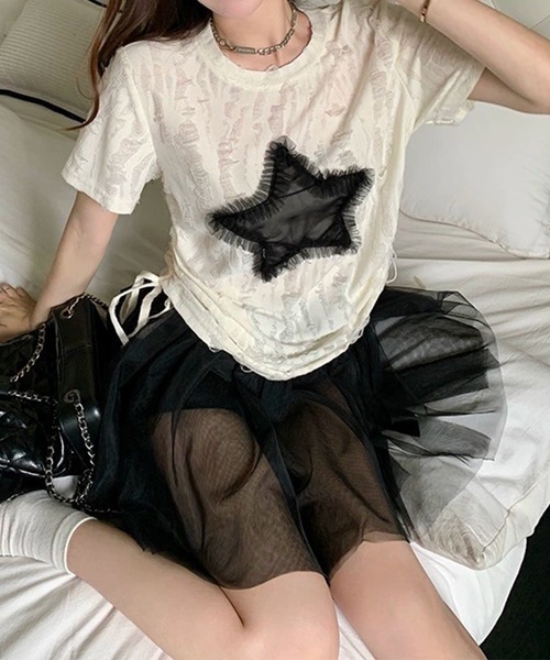Lace Ladies(レースレディース)の「スター モチーフ ダメージ サイドシャーリング Tシャツ(Tシャツ/カットソー・レディース・アイボリー・M/XL)」の3枚目の写真
