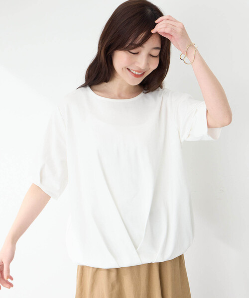Petit Honfleur(プチオンフルール)の「【接触冷感・UVカット】オーガニックコットンドロストTシャツ(Tシャツ/カットソー・レディース・ネイビー/グリーン/ホワイト・L/M)」の2枚目の写真