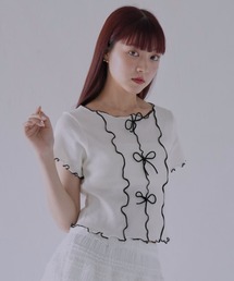 【 cunii 】リボンディテール×配色ステッチフリルニットトップス