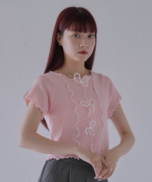 Uenui(ウニュイ)の「【 cunii 】リボンディテール×配色ステッチフリルニットトップス(Tシャツ/カットソー・レディース・ブルー系その他/ピンク/イエロー/ホワイト/ブラック・FREE)」の5枚目の写真