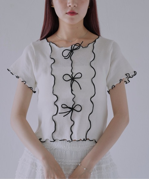 Uenui(ウニュイ)の「【 cunii 】リボンディテール×配色ステッチフリルニットトップス(Tシャツ/カットソー・レディース・ブルー系その他/ピンク/イエロー/ホワイト/ブラック・FREE)」の19枚目の写真