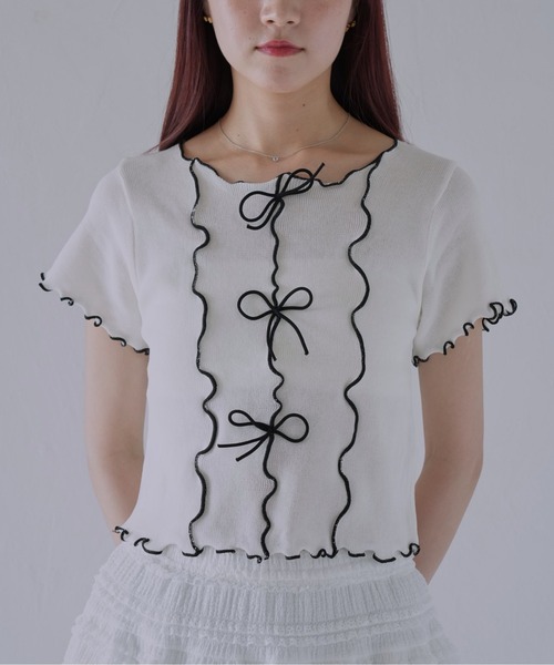 Uenui(ウニュイ)の「【 cunii 】リボンディテール×配色ステッチフリルニットトップス(Tシャツ/カットソー・レディース・ブルー系その他/ピンク/イエロー/ホワイト/ブラック・FREE)」の20枚目の写真