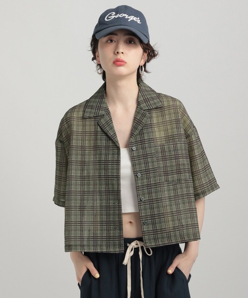 GEORGE'S（ジョージズ）の「シアーチェック開襟シャツ（シャツ/ブラウス・レディース・ネイビー/ブルー/グリーン・MEDIUM/SMALL）」の3枚目の写真