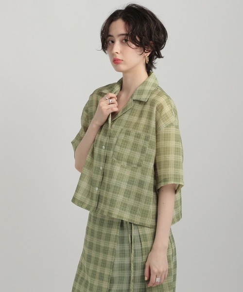 GEORGE'S（ジョージズ）の「シアーチェック開襟シャツ（シャツ/ブラウス・レディース・ネイビー/ブルー/グリーン・MEDIUM/SMALL）」の4枚目の写真