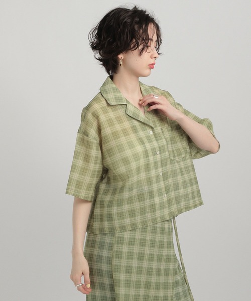 GEORGE'S（ジョージズ）の「シアーチェック開襟シャツ（シャツ/ブラウス・レディース・ネイビー/ブルー/グリーン・MEDIUM/SMALL）」の6枚目の写真