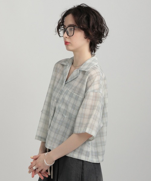 GEORGE'S（ジョージズ）の「シアーチェック開襟シャツ（シャツ/ブラウス・レディース・ネイビー/ブルー/グリーン・MEDIUM/SMALL）」の14枚目の写真