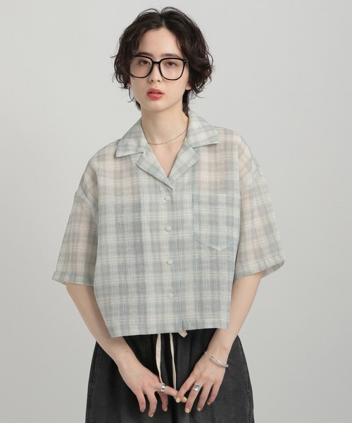 GEORGE'S（ジョージズ）の「シアーチェック開襟シャツ（シャツ/ブラウス・レディース・ネイビー/ブルー/グリーン・MEDIUM/SMALL）」の17枚目の写真