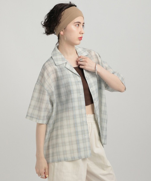 GEORGE'S（ジョージズ）の「シアーチェック開襟シャツ（シャツ/ブラウス・レディース・ネイビー/ブルー/グリーン・MEDIUM/SMALL）」の20枚目の写真