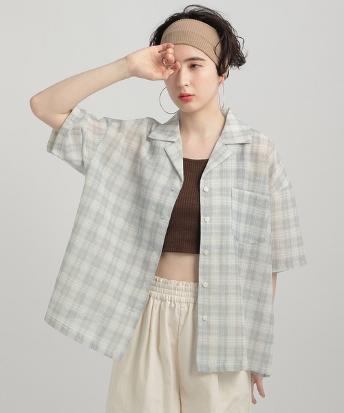 GEORGE'S（ジョージズ）の「シアーチェック開襟シャツ（シャツ/ブラウス・レディース・ネイビー/ブルー/グリーン・MEDIUM/SMALL）」の21枚目の写真