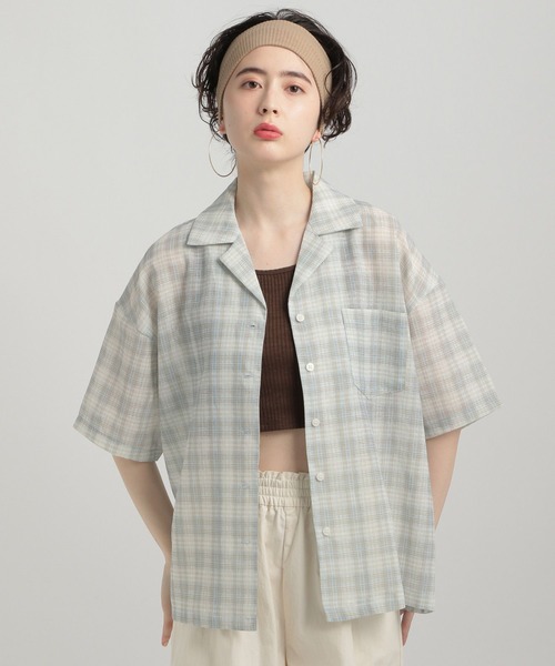 GEORGE'S（ジョージズ）の「シアーチェック開襟シャツ（シャツ/ブラウス・レディース・ネイビー/ブルー/グリーン・MEDIUM/SMALL）」の22枚目の写真