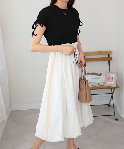 フランシュリッペ春ふかふかくまボートワンピース【Ｍサイズ】オートミール♡新品 バイカラー BIG襟 花柄スカートドッキングワンピース