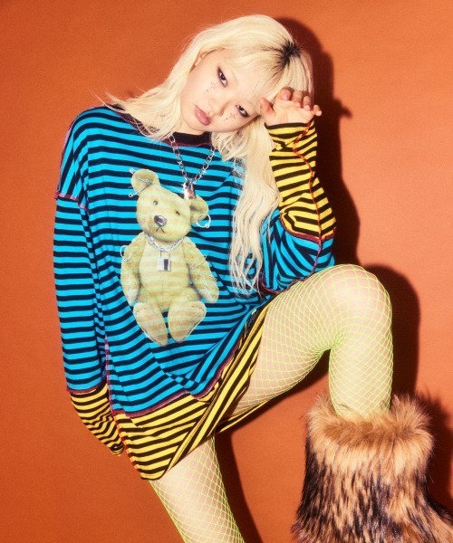 Candy Stripper（キャンディストリッパー）の「BROKEN BEAR BORDER トップス（Tシャツ/カットソー・レディース・ピンク/ライトブルー/オフホワイト・FREE）」の2枚目の写真