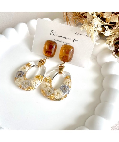 VIBGYOR（ヴィブジョー）の「【S.coeuf】ピアス　こはくカボション×お花のバッグ(MA)（ピアス（両耳用）・レディース・ブルー/パープル・FREE）」の3枚目の写真