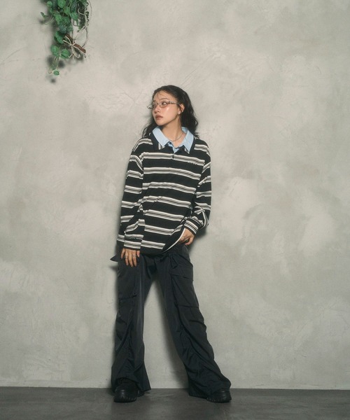 ANDGEEBEE（アンジービー）の「UNISEX ボーダーポロロンT（ポロシャツ・レディース・ブラック/ボルドー・FREE）」の5枚目の写真