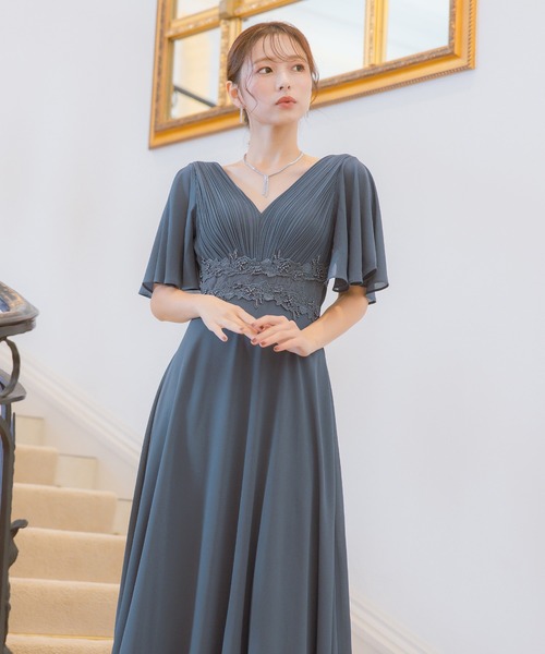 Retica（レティカ）の「パーティードレス 結婚式 大人 20代 30代 40代 ロング丈 マキシ丈 レース フォーマル 半袖 レース ウエストマーク プリーツ ワンピース 卒業式 入学式 二次会 披露宴 発表会 大きいサイズ（ドレス・レディース・ワインレッド/グレイッシュブルー/ブラック・XXL/XXXL/L/M/S/XL）」の4枚目の写真