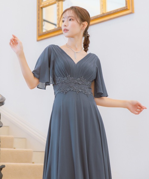 Retica（レティカ）の「パーティードレス 結婚式 大人 20代 30代 40代 ロング丈 マキシ丈 レース フォーマル 半袖 レース ウエストマーク プリーツ ワンピース 卒業式 入学式 二次会 披露宴 発表会 大きいサイズ（ドレス・レディース・ワインレッド/グレイッシュブルー/ブラック・XXL/XXXL/L/M/S/XL）」の7枚目の写真