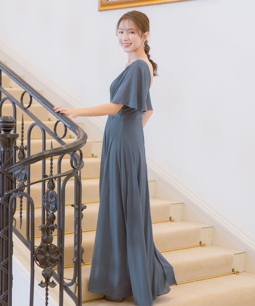 Retica（レティカ）の「パーティードレス 結婚式 大人 20代 30代 40代 ロング丈 マキシ丈 レース フォーマル 半袖 レース ウエストマーク プリーツ ワンピース 卒業式 入学式 二次会 披露宴 発表会 大きいサイズ（ドレス・レディース・ワインレッド/グレイッシュブルー/ブラック・XXL/XXXL/L/M/S/XL）」の8枚目の写真