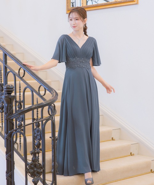 Retica（レティカ）の「パーティードレス 結婚式 大人 20代 30代 40代 ロング丈 マキシ丈 レース フォーマル 半袖 レース ウエストマーク プリーツ ワンピース 卒業式 入学式 二次会 披露宴 発表会 大きいサイズ（ドレス・レディース・ワインレッド/グレイッシュブルー/ブラック・XXL/XXXL/L/M/S/XL）」の11枚目の写真