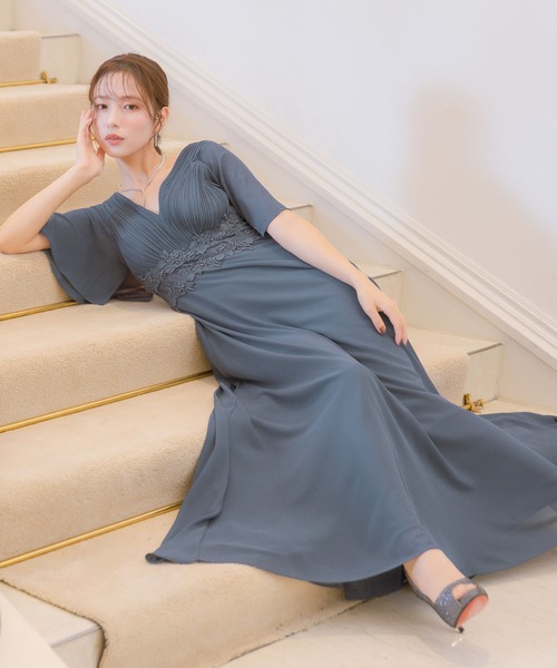 Retica（レティカ）の「パーティードレス 結婚式 大人 20代 30代 40代 ロング丈 マキシ丈 レース フォーマル 半袖 レース ウエストマーク プリーツ ワンピース 卒業式 入学式 二次会 披露宴 発表会 大きいサイズ（ドレス・レディース・ワインレッド/グレイッシュブルー/ブラック・XXL/XXXL/L/M/S/XL）」の12枚目の写真