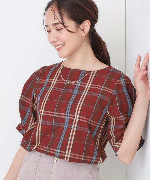 DRESKIP(ドレスキップ)の「【S-LL/5分袖】お袖タックできれいに魅せる 大人のチェックブラウス(シャツ/ブラウス・レディース・アイボリー系1/ワイン系3/ブルーグリーン/ブラック系1・02/01/04/03)」の1枚目の写真