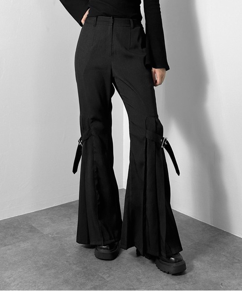 jiasecond.】サイドプリーツフレアパンツ / ボトムス ハトメ ベルト
