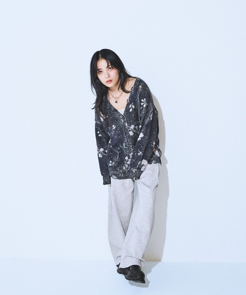 フラワープリント カーディガン ショートパンツセット Bonjour Sagan セットアップ ニットカーディガン×ショートパンツセット