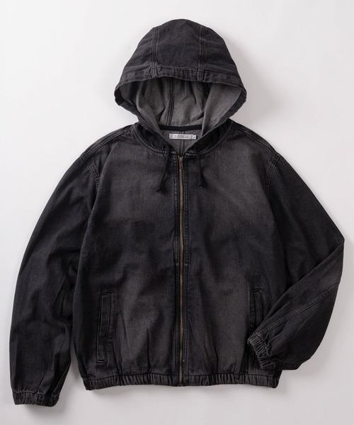 83】ヴィンテージライク ウォッシュ加工 デニムフードブルゾン