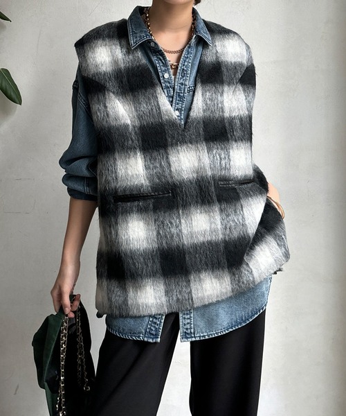 WEB限定】チェックシャギーベスト