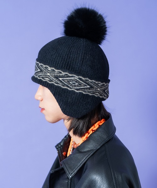 セール】an meets zakka ネイティブ柄ワイドラインイヤーフラップ