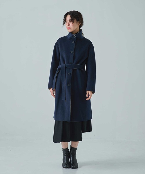 CASHMERE CASHMERE(カシミヤカシミヤ)の「【CASHMERE CASHMERE/カシミヤカシミヤ】CASHMERE/SILK/WOOL STAND OVER COAT/カシミヤシルクウールスタンドカラーオーバーコート/ロングコート(ステンカラーコート・レディース・ダークネイビー/ブラック・40/44)」の4枚目の写真