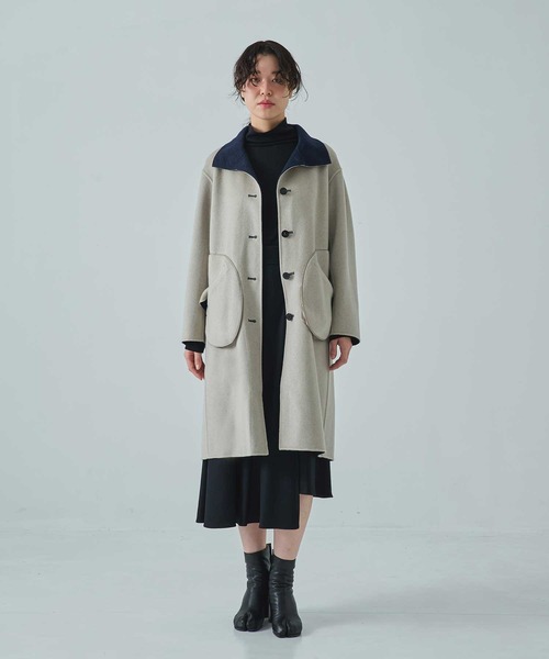 CASHMERE CASHMERE(カシミヤカシミヤ)の「【CASHMERE CASHMERE/カシミヤカシミヤ】CASHMERE/SILK/WOOL STAND OVER COAT/カシミヤシルクウールスタンドカラーオーバーコート/ロングコート(ステンカラーコート・レディース・ダークネイビー/ブラック・40/44)」の11枚目の写真