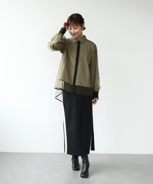 Jines(ジネス)の「チュールレイヤード配色シャツ(シャツ/ブラウス・レディース・グレー/カーキ/アイボリー・38)」の4枚目の写真