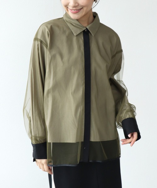 Jines(ジネス)の「チュールレイヤード配色シャツ(シャツ/ブラウス・レディース・グレー/カーキ/アイボリー・38)」の8枚目の写真