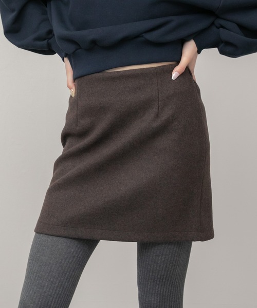 フェイクウールミニスカート / ブラックブ ラウン 台形 スカート ミニ