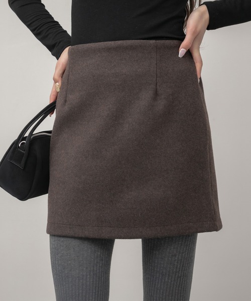 フェイクウールミニスカート / ブラックブ ラウン 台形 スカート ミニ