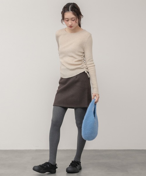 フェイクウールミニスカート / ブラックブ ラウン 台形 スカート ミニ