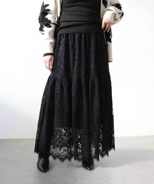 Three Four Time(スリーフォータイム)の「起毛レースギャザースカート(スカート・レディース・ブラック/ベージュ・FREE)」の1枚目の写真